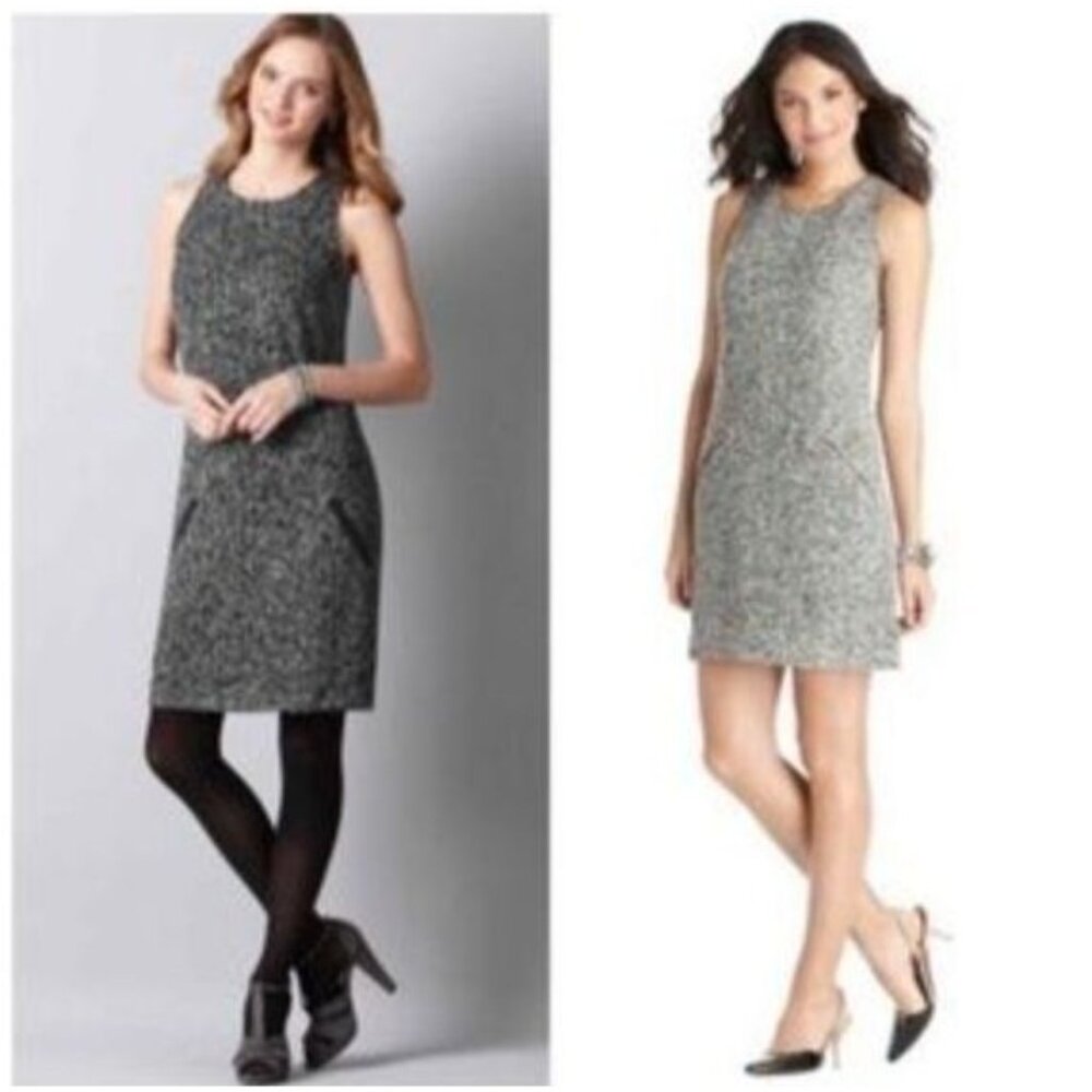 LOFT Tweed Shift Dress Women 10 Petite Black Gray Sleeveless Office Siren Career